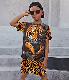 cheap -Boys 3D Graphic Animal Tiger T-shirt & Shorts T-shirt Set Clothing Set Short Sleeve 3D prints Summer Spring Active Sports Fashion Polyester Kids 3-13 Years Outdoor Street Vacation Regular Fit