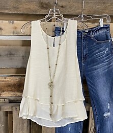 economico -Canotta da donna, semplice, in cotone e lino, girocollo, casual, a strati, nera, bianca, kaki