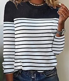 abordables -Mujer Camiseta A Rayas Básico Manga Larga Escote Redondo Tops regulares Diario Fin de semana Estampado Negro Blanco Rojo Azul Piscina Gris Otoño invierno