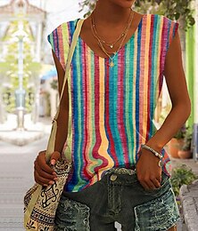 ieftine -Pentru femei Bluză Dungi Casual Imprimeu Galben Fără manșon De Bază Neon & Luminos În V
