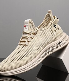 お買い得  -通気性と快適な運動着のためのレースアップクロージャーを備えたベージュのメンズ織りスニーカー
