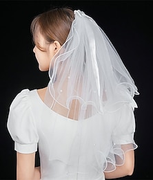 cheap -Two-tier Personalized / Pearls Wedding Veil Elbow Veils with Faux Pearl / Satin Bow Tulle
