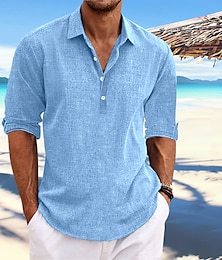 cheap -Men's Shirt Linen Shirt Summer Shirt Beach Shirt Black White Blue Long Sleeve Plain Lapel Spring & Summer Casual Daily Clothing Apparel