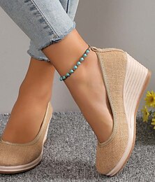 preiswerte -Beige Keilschuhe aus gewebtem Stoff für Damen – bequeme Slip-On-Plateauschuhe für den lässigen Sommer und den Alltag