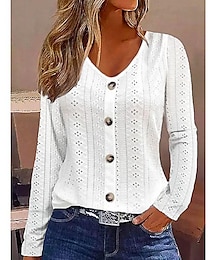 preiswerte -Damen T Shirt Glatt Casual Taste Weiß Langarm Elegant Modisch Basic V Ausschnitt Herbst Winter
