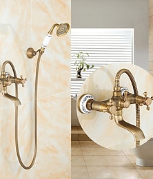 abordables -Ensemble de robinet de système de douche traditionnel avec bec de baignoire avec douchette à main, mitigeur en céramique mural à double bec en laiton vintage