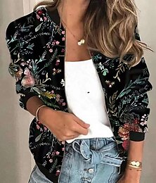 baratos -Jaqueta bomber feminina jaqueta casual ao ar livre zíper padrão floral respirável streetwear regular ajuste outerwear manga longa verão preto
