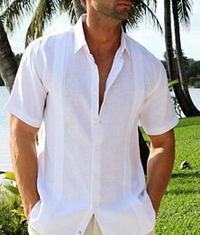 preiswerte -Herren Hemd leinenhemd Baumwoll-Leinenhemd Weißes Baumwollhemd Guayabera Hemd Sommerhemd Einfach Urlaub Lässig Schwarz Weiß Blau Grün Kurzarm Revers Sommer Bekleidung