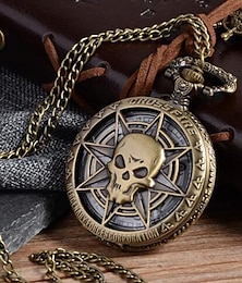 abordables -Reloj de bolsillo vintage de bronce reloj de cuarzo estilo steampunk calavera pirata caribeña hueca con cadena para hombres y mujeres collar colgante