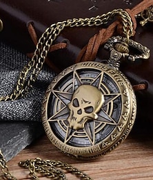 economico -orologio da taschino vintage in bronzo steampunk al quarzo con testa di teschio pirata caraibico cavo horror con catena per collana con ciondolo uomo donna