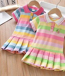 cheap -Kids Girls' Dress Rainbow Stripe Short Sleeve Outdoor Pleated Active Fashion Cute Cotton Knee-length Casual Dress A Line Dress Summer Dress Summer Spring 3-7 Years Yellow Blue