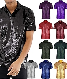 billiga -Disco-t-shirt från 1970-talet för män, kortärmad, turndown-skiva gnistrande paljetter pikétröjor 70-talet 80-tals disco nattklubbar festtoppar