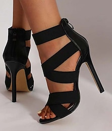 abordables -talons aiguilles noirs à lanières pour femmes – bout ouvert, fermeture éclair au dos, design élégant pour les fêtes, les mariages et les événements formels