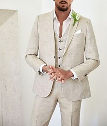 cheap -Men's Linen Suits Beach Wedding Beige 3 Piece Solid Colored Summer Suits Tailored Fit Single Breasted Two-buttons 2024