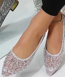 cheap -Women's Wedding Shoes Flats Plus Size Comfort Shoes Outdoor Beach Solid Color Bridal Shoes Bridesmaid Shoes Rhinestone Lace Flat Heel Pointed Toe Elegant Casual Minimalism PU Loafer Silver Gold