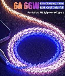 cheap -Fast Charging RGB Cable 100W Breathing Light 66W Type C USB C Data Cable for iPhone Samsung Android Micro 30W Quick Charge Cable