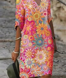 ieftine -Rochie Mini Femei Rochie Petitsă Rochie Tip Tricou Rochie Tip Tee Rochie Shift Rochie de Vară Fashion Activă Streetwear Outdoor Vacanță la Birou Fit Regular Floral Mână ½ Gât despicat Galben Roz Verde
