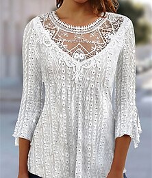 preiswerte -Damen Hemd Spitzenhemd Bluse Glatt Casual Spitze Weiß 3/4 Ärmel Elegant Vintage Modisch Rundhalsausschnitt