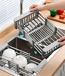 cheap -Retractable Dish Drying Rack Stainless Steel, Expandable Kitchen Strainer Drain Draining Basket Over the Sink Adjustable Armrest, Washing Bowl Shelf for Vegetable and Fruit