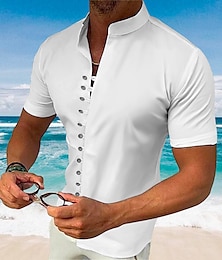 baratos -Homens Camisa Social camisa de botão Camisa casual camisa de verão camisa de praia Preto Branco Rosa Azul Verde Manga Curta Tecido Colarinho Chinês Diário Férias Roupa Moda Casual Confortável