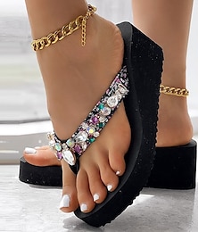 cheap -Women's Slippers Flip-Flops Flip-Flops Beach Slippers Daily Beach Solid Color Summer Rhinestone Wedge Heel Open Toe Sporty Casual Canvas Loafer Black