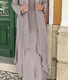 abordables -Robe de mariée à deux pièces A-Line Mère de la mariée Invité de mariage formel Élégante Grande taille décontractée Col en V Longueur au sol Dentelle Mélange lin coton Sans manches Veste robes avec