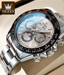 voordelige -Olevs heren automatische horloges zilveren bezel roestvrij staal luxe jurk mechanische maanfase waterdichte horloges voor heren multi datum