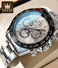 お買い得  -OLEVS メンズ自動腕時計 シルバーベゼル ステンレス製 ラグジュアリードレス 機械式 月相防水 腕時計 メンズ マルチデート