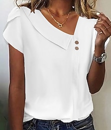 billige -Dame Skjorte Bluse Vanlig Afslappet Elegant Årgang Mode Kortærmet V-hals Hvid