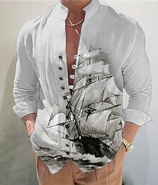 preiswerte -Herren Nautisch Vintage Segelboot Hemd Knopfhemd Langarm Modisch Strassenmode Designer Outdoor Casual Täglich Sommer Frühling Herbst Ständer Bedruckt Blau Braun Khaki Grau