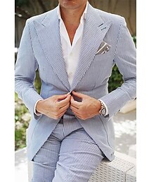 economico -Abiti da matrimonio estivi da uomo in seersucker blu solidi taglio standard 2 pezzi monopetto due bottoni