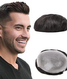 Χαμηλού Κόστους -τουπέ για άνδρες 8x10 ίντσες 0,06 χιλιοστά λεπτό δέρμα pu ανδρικό τουπέ ανθρώπινα μαλλιά φυσικά μαύρα ανδρικά μαλλιά κομμάτι v-looped μαλλιά περούκα για άνδρες αντικατάσταση συστήματος μαλλιών