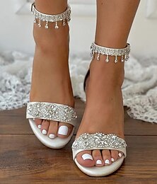 cheap -Women's Wedding Shoes Bling Bling Bridal Shoes Rhinestone Chunky Heel Open Toe Minimalism Faux Leather Ankle Strap White