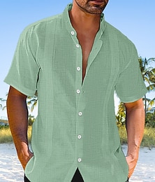 baratos -Homens Camisa Guayabera camisa de linho camisa de botão Camisa casual camisa de verão camisa de praia Preto Branco Azul Manga Curta Tecido Colarinho Chinês Verão Casual Diário Roupa