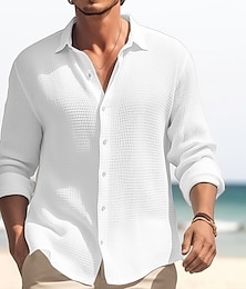 cheap -Men's Shirt Button Up Shirt Casual Shirt Summer Shirt Waffle Shirt Black White Blue khaki Long Sleeve Plain Lapel Daily Vacation Clothing Apparel Fashion Casual Comfortable