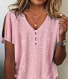 abordables -Mujer Camiseta Henley Shirt Blusa Plano Casual Botón Cortado Rosa Manga Corta Básico Escote en Pico
