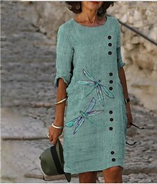 economico -Per donna Taglie Forti Abito Midi Abiti ispirati al lino Vestito Casual Abito a Tubino Essenziale Casual Vacanza Quotidiano Weekend Vestibilità comoda Animale Stampa Manica 3/4 Girocollo Viola Verde