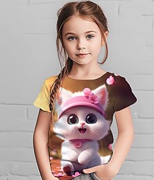 billiga -Flickor 3D Grafisk Djur Katt T-shirt Kortärmad 3D-tryck Sommar Vår Aktiv Mode söt stil Polyester Barn 3-12 år Utomhus Ledigt Dagligen Normal
