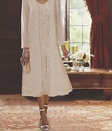 voordelige -Strandbruiloft Twee-delige A-Lijn Moeder van de Bruid Jurk Formele Bruiloft Gast Elegante V-hals Theelengte Chiffon Kant Mouwloos Jassen met Beading Sequins 2025 gratis op maat gemaakt