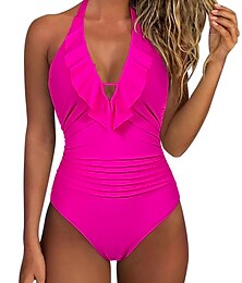 cheap -Sexy Deep V-Neck Swimwear for Women Backless Halter Neck One Piece Swimsuit Ruffle Plunge Padded Bathing Suits Cute Beach Wear Solid Colors