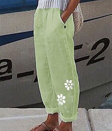 cheap -Women's Linen Pants Faux Linen Floral Blue Green Fashion Full Length Casual Daily