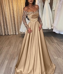 cheap -Ball Gown Party Dress Evening Gown Party Dress Hot Dress Engagement Wedding Reception Sweep / Brush Train 3/4 Length Sleeve Off Shoulder Satin with Sequin 2024