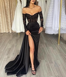 levne -Mořská panna černé večerní šaty průhledné šaty formální svatební host délka do země dlouhé rukávy off shoulder podzimní svatební recepce satén s aplikacemi maskovací šaty