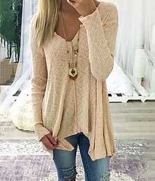 cheap -Women's Pullover Sweater Knitted Solid Color Basic Casual Long Sleeve Sweater Cardigans V Neck Fall Winter Spring Blue Blushing Pink Gray