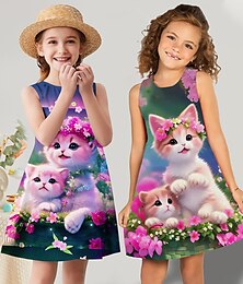 preiswerte -kinderkleidung Mädchen Kleid Graphic Blumen Katze Ärmellos Outdoor Casual Modisch Kuschelig Täglich Polyester Übers Knie Casual kleid A Linie Kleid Tank-Top Kleid Sommer Frühling 3-12 Jahre Hellgrün