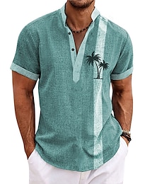 cheap -Men's Linen Shirt Coconut Tree Striped Graphic Prints Stand Collar Light Green Navy Blue Blue Brown Green Outdoor Street Short Sleeve Print Clothing Apparel  Fashion Streetwear Designer Recyclable