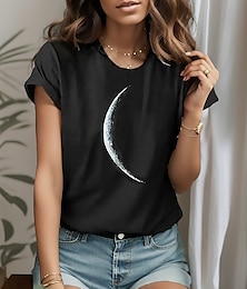 abordables -Mujer Camiseta Galaxia MOON Básico Manga Corta Escote Redondo Tops regulares Casual Diario Negro