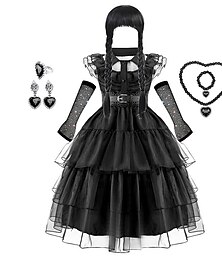 levne -dívky středa Addams Addams rodinné šaty paruka doplňky cosplay outfit punk & gothic volánkový lem vrstvený lem síťované šaty kostým šaty nahoru narozeninová oslava představení náhrdelník ušní spona síťované rukavice
