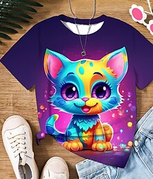 billiga -Flickor 3D Grafisk Tecknat Katt T-shirt Kortärmad 3D-tryck Sommar Vår Aktiv Mode söt stil Polyester Barn 3-12 år Utomhus Ledigt Dagligen Normal