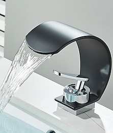 cheap -Waterfall Bathroom Faucet Sink Mixer Basin Taps, Arc Spout Single Handle Washroom Faucet Deck Mounted with Cold and Hot Hose Black Chrome White